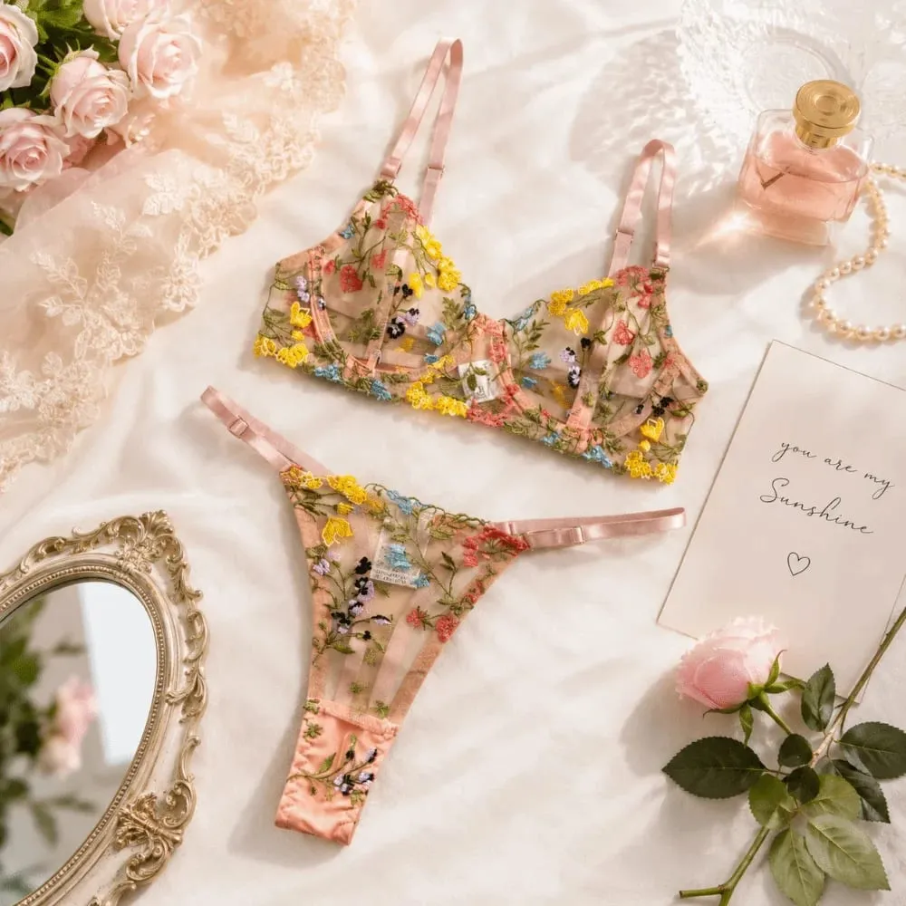 Versatile Transparent Lingerie Set Push Up Ultra-thin Embroidery Floral Underwear Elegant Bra Suit Women