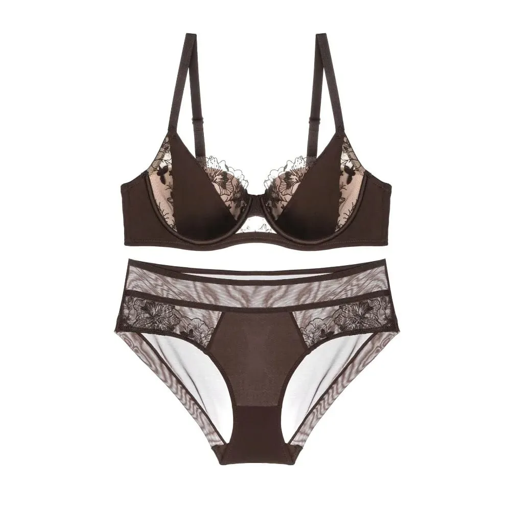 Plus Size Color Block Lace Bra Set Thin Cup Full Coverage Support Big Bust D Cup Lingerie Set Curvy Ladies Daily Wear