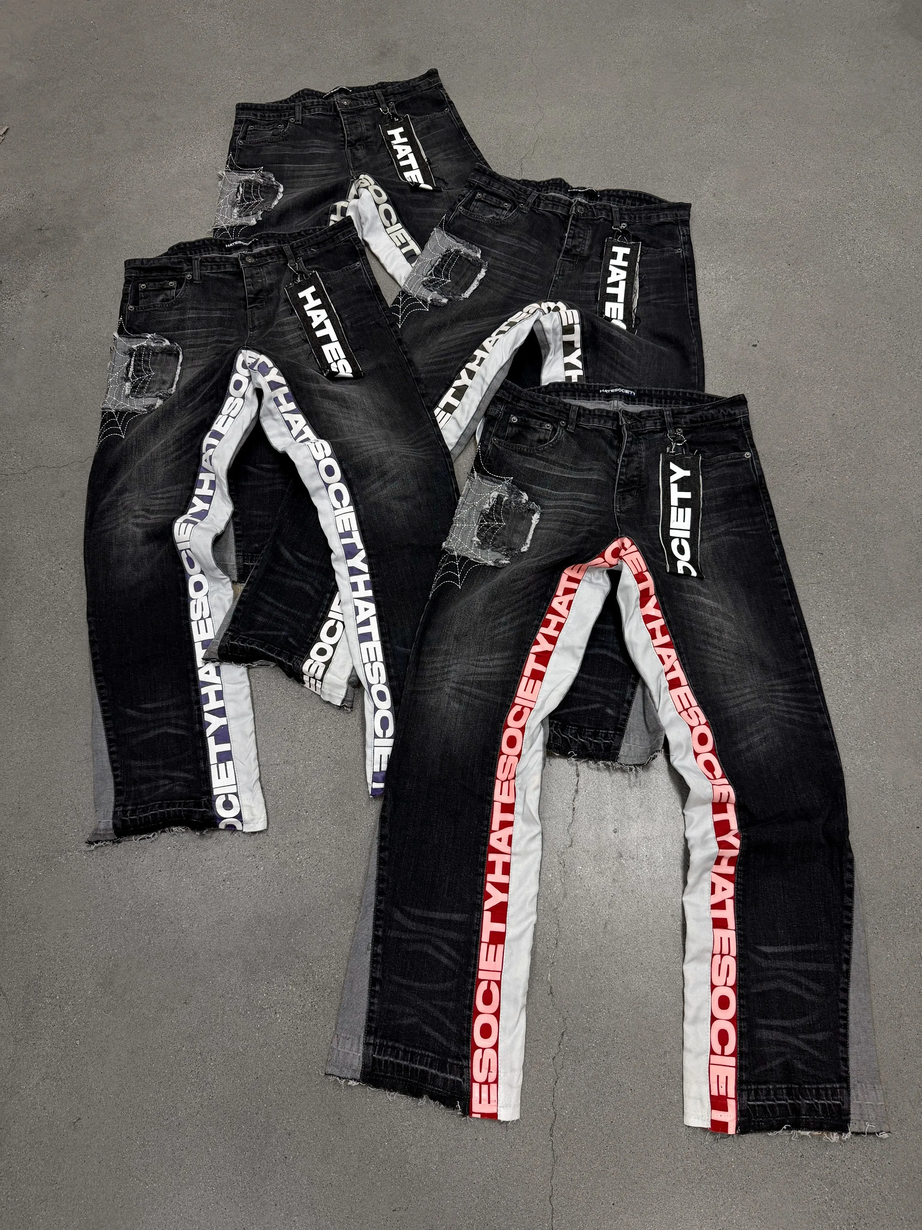 Y2k Hate Society Flared Jeans Men Retro Spider Web Embroidery Washed Jeans American Hip Hop Streetwear Unisex Bootcut Jeans