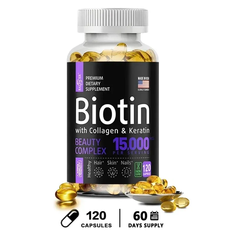 Biotin Supplement - 15 000 Mcg with Collagen and Keratin Vitamins Shiny Hair Skin and Nails Joint Health 30/60/120 Capsules
