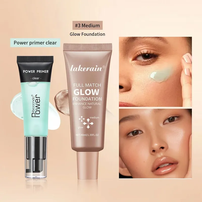 Powder Grip Primer Gel & Glow Foundation Makeup Kit Hydrating Smoothing Skin Lightweight Brighthen Shiny Fase Cosmetics Combo