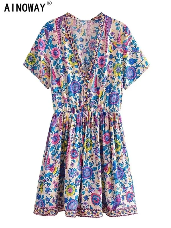 Vintage Chic mujeres Pavo Real estampado Floral profundo cuello pico bohemio Mini Vestidos señoras manga corta Happie playa Boho Vestidos