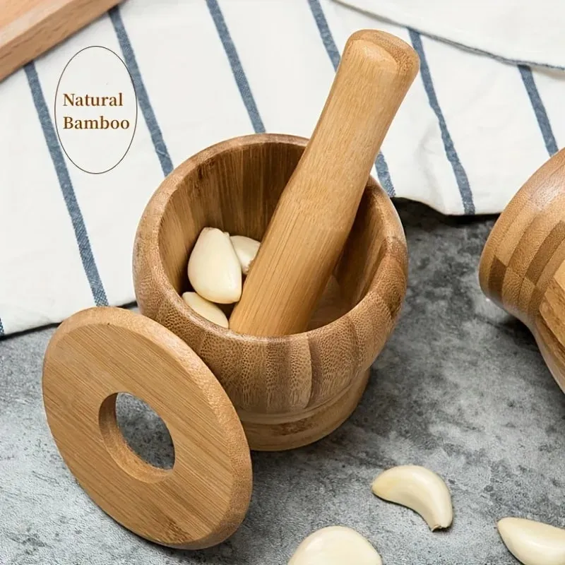 1set Bamboo garlic jar household kitchen food mixer garlic puree grinder with lid