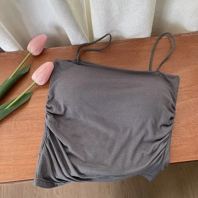 Solid All-Match Pleat Sling Vest Strap Chest Pad Inner Wear Slim Fit Slimming Short Gyaru Outer Wear Top