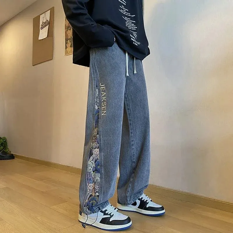 2023 Embroidered Bear Jeans Men's Spring Fall Straight Leg Loose Plus Wide Leg Fashion Brand American High Street Casual Pants