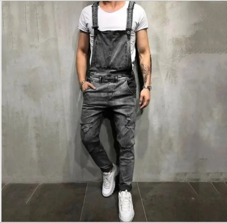 Men Jeans Jumpsuits Denim Overalls Distressed Pockets One Piece Pencil Pants Solid Washed Ankle Length Safari Style Spliced — image 3