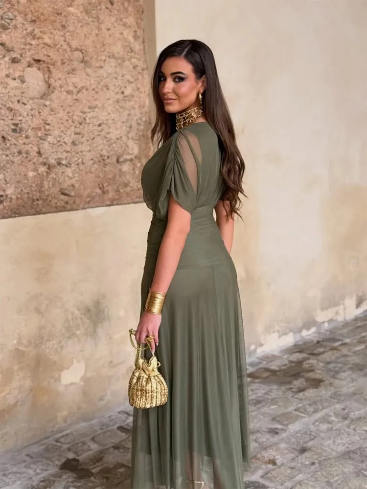 Kvinder Solid Dyb V-hals Mesh Lang Kjole Elegant Puff Kortærmet Rynket Talje Høj Vestidos 2026 Summer Lady Casual Street Robe