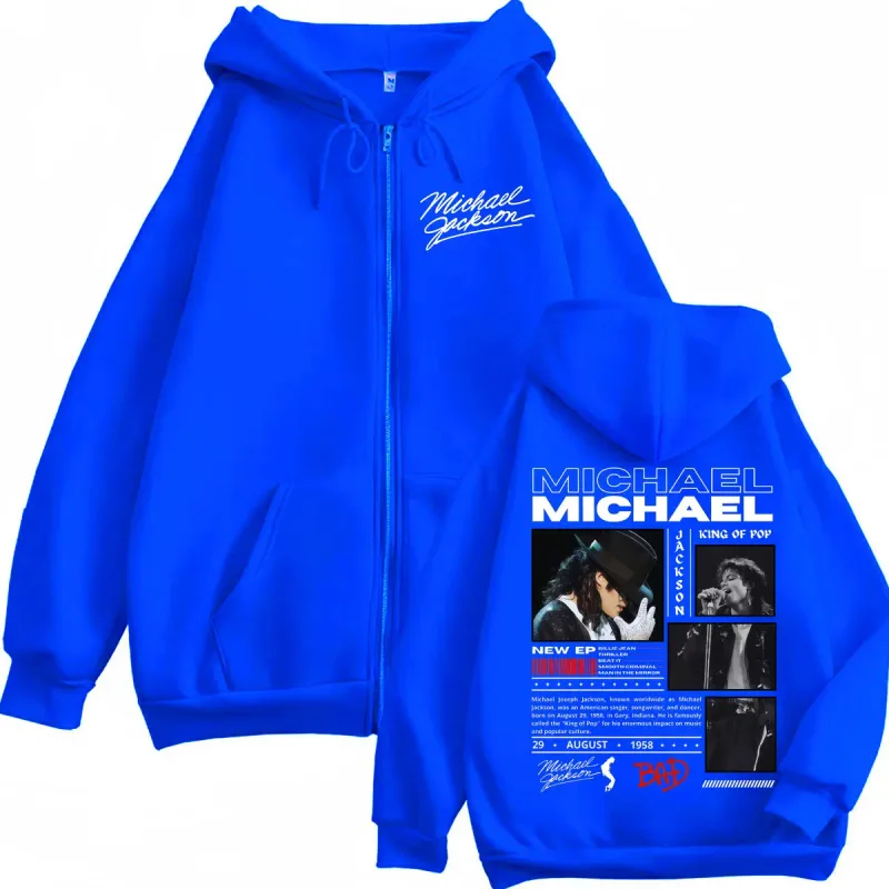Penyanyi Michael Jackson Klasik Ritsleting Hoodie Rock Fashion Vintage Zip Up Pullover Pria Wanita Kasual Lengan Panjang Kaus — image 5