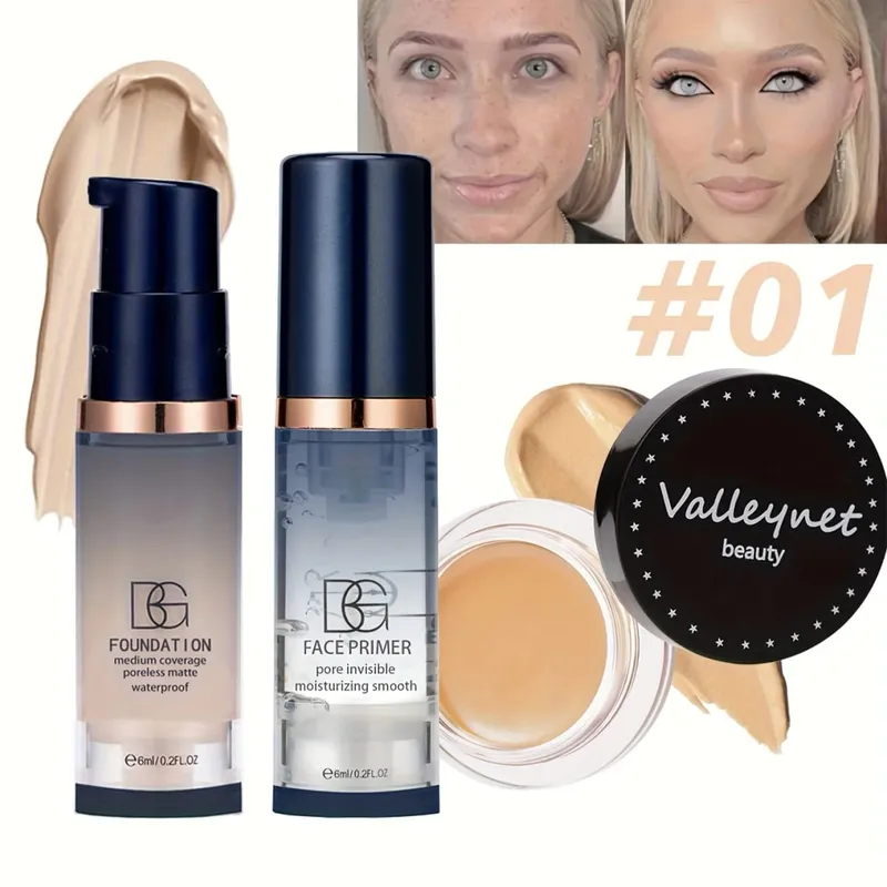 3pcs/Set Velvet Face Set Foundation+Primer+Concealer Waterproof and Long lasting Matte Effect Suitable for Beginners Travel Set.