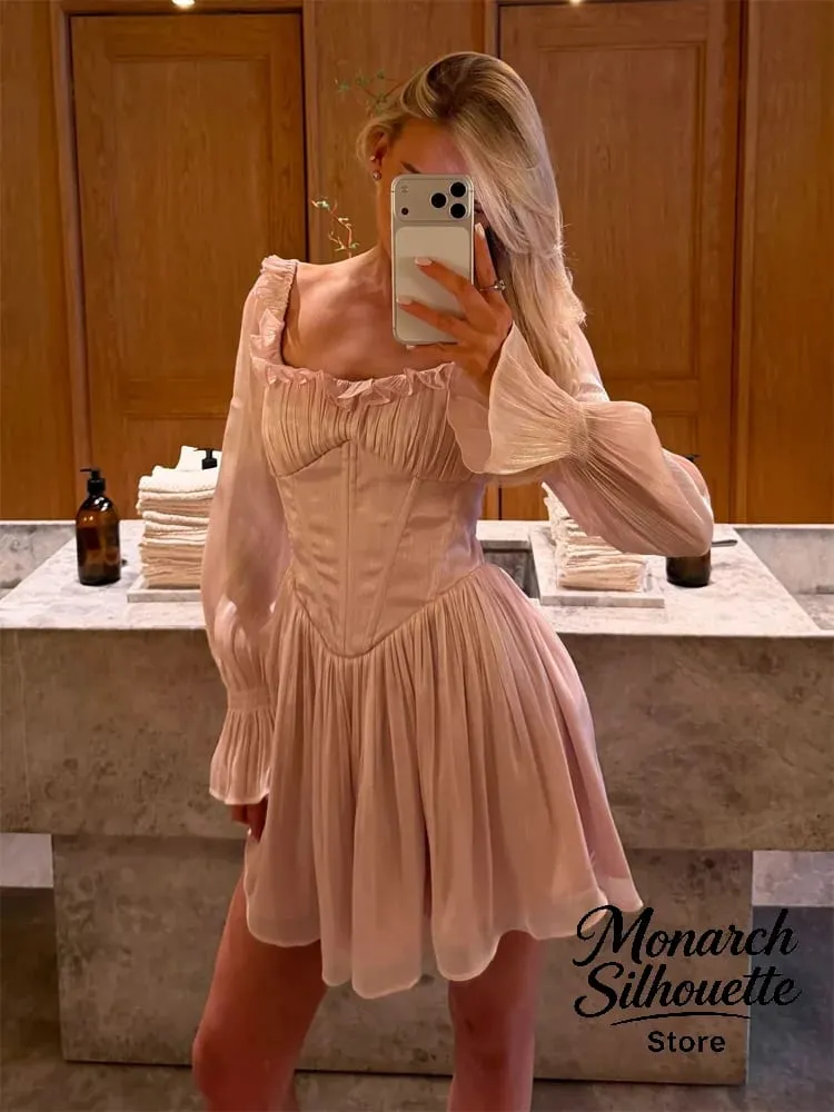 Elegancka kwadratowa sukienka z kołnierzykiem, wykończona frędzlami, damska szykowna, solidna, pełna rękawy, wyszczuplająca talia krótkie sukienki Lady seksowna szata uliczna nowość