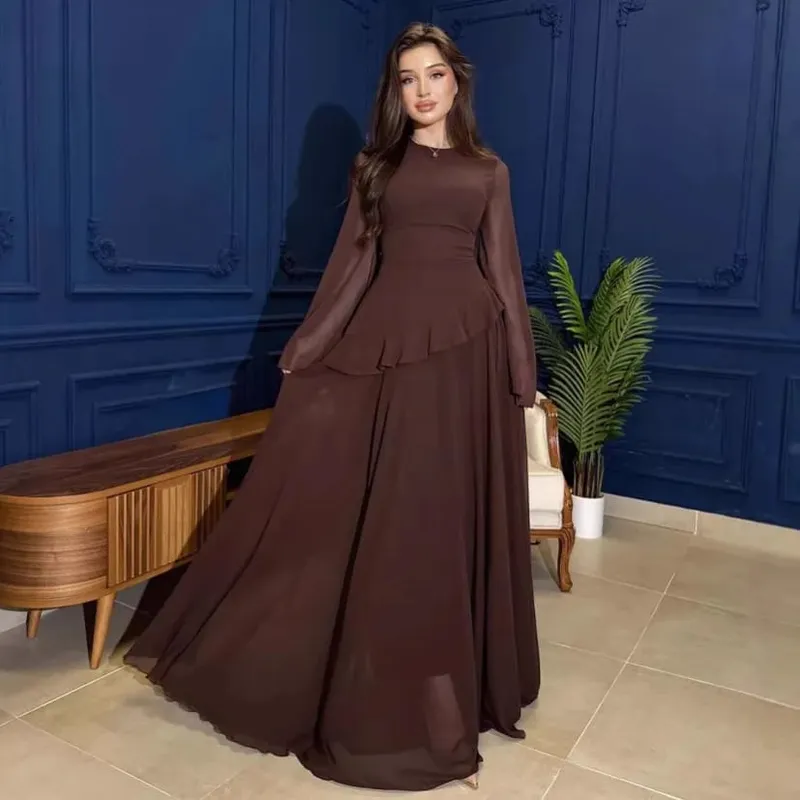 Kvinder Chiffon Solid Flæser Kjole Flare Ærmer Rundhals 2025 Ny Elegant Maxikjole Aftenfest Mode Ferie Dame
