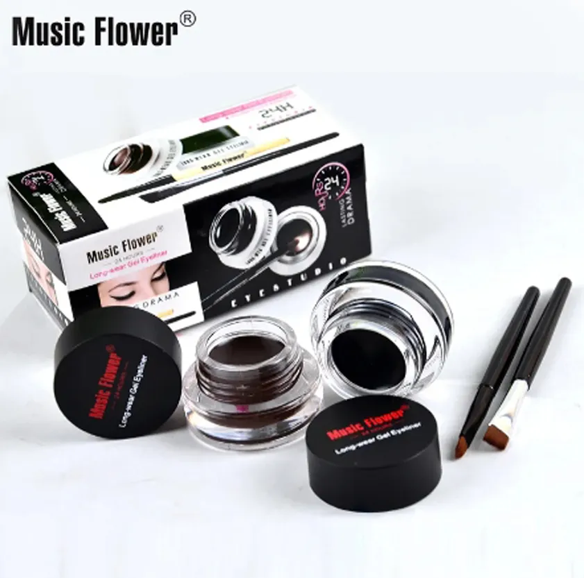 Music Flower 2 IN 1 Two-color Eyeliner Gel Set Black & Coffee Waterproof 3D Long Lasting Smudge Proof Eye Makeup Cosmetic Kit