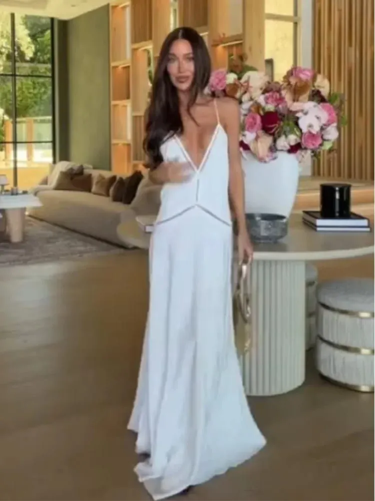 Elegant Deep V-neck Backless Long Dress Women Solid Spaghetti Strap Sleeveless Sling Dresses 2026 Lady Holiday Party Vestidos