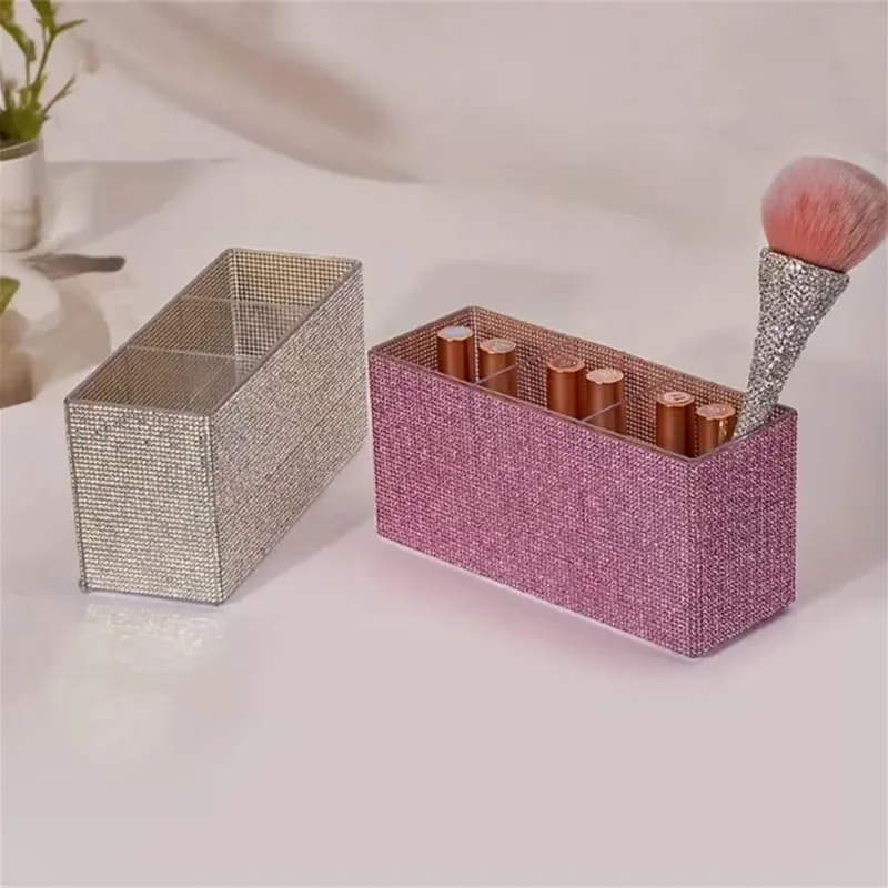 Sparkling Rhinestone Makeup Brush Organizer with 3 Compartment Large Capacity Makeup Brushes Lipstick Comestic Tools Storage Box