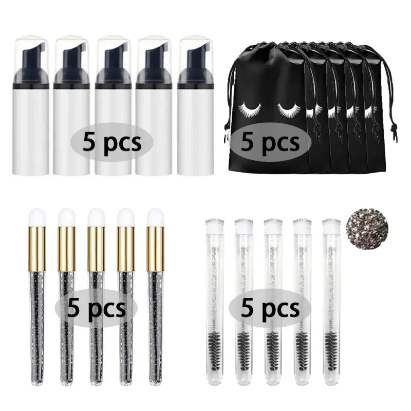 60ml Refillable Empty Plastic Pump Bottle Lash Extension Cleaning Kit Long Rod Brush Lash Curler Dust Tube EVA Storage Bag Tools