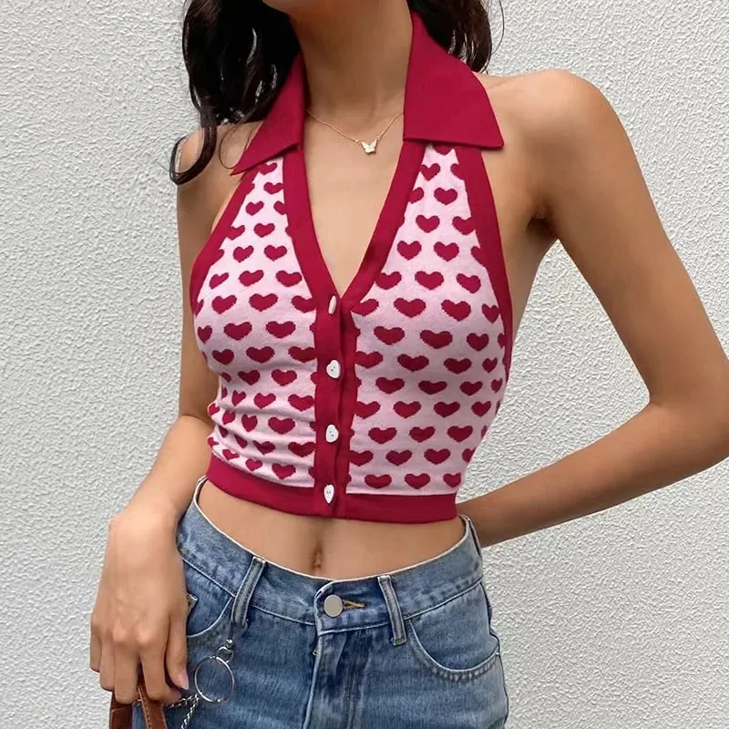 Y2k Heart Halter Vest Teengirl Button Front Sleeveless Collared Crop Top Women's Tanks and Cami Summer Vacation Outfit — image 3