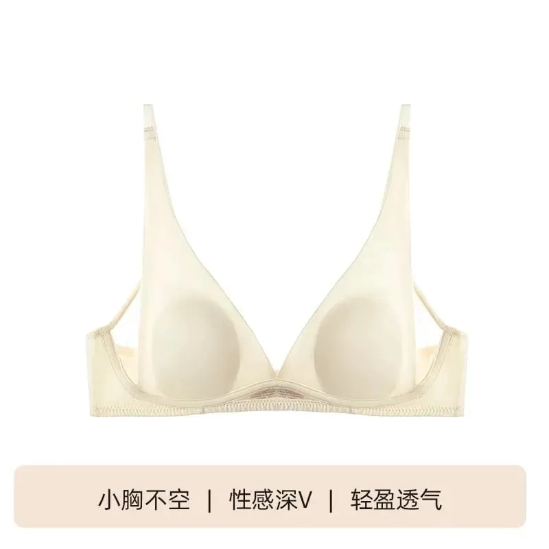 French Triangle Bra Rabbit Ear Cup Deep V Wireless Bralette for Small Bust No Gap Sexy Lingerie Set Breathable Summer Thin