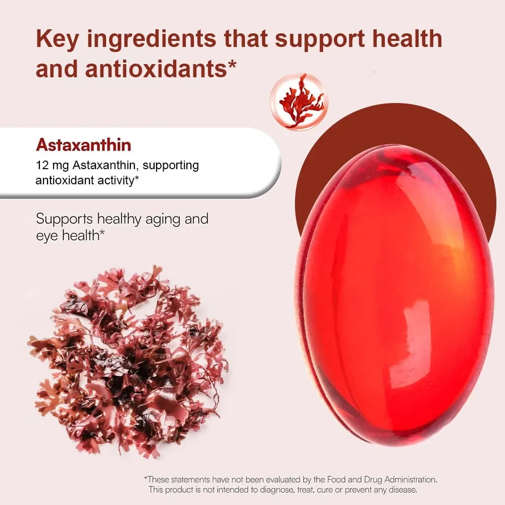 Astaxanthin-Kapseln 12 mg fördern die Herz-Kreislauf-Gesundheit und beschleunigen den Stoffwechsel, unterstützen die Gesundheit von Augen, Gelenken und Haut