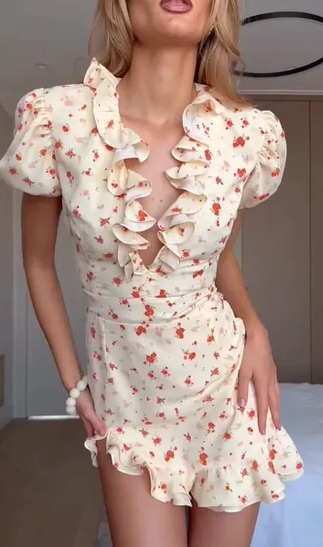 Sexy Print Ruffle Chiffon Mini Dress Women Chic Deep V-neck Long Puff Sleeve Cinched-waist Dresses 2026 Lady Vacation Party Robe