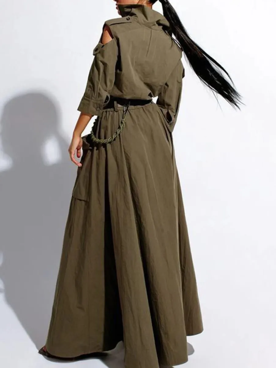 Summer Dress for Women 2026 Retro Turn-down Collar Cold Shoulder Half Sleeve Zipper Belt Pockets Split High Waist Maxi Dresses — image 2