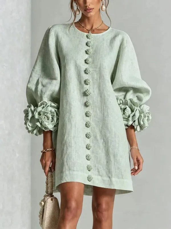 Women Spring Autumn 3D Flower Long Lantern Sleeve Cotton Linen Mini Dress Solid Crew Neck Loose Elegant Daily Wear Short Dress