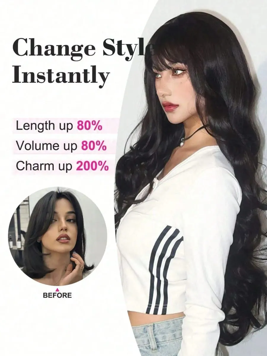 Synthetic Long Curly Wavy Clip in Hair Extension V-shaped Heat Resistant Black Hairpiece for Women
