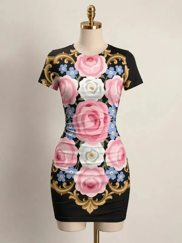 Mulheres manga curta bodycon mini vestido fino ajuste tripulação pescoço floral impressão casual festa de verão bonito elegante suave férias vestido de verão