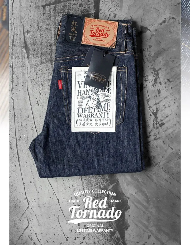 Red Tornado 511XX-0001 Jeans da uomo in denim con cimosa di linea rosa da 16 once, vestibilità dritta, silhouette slim