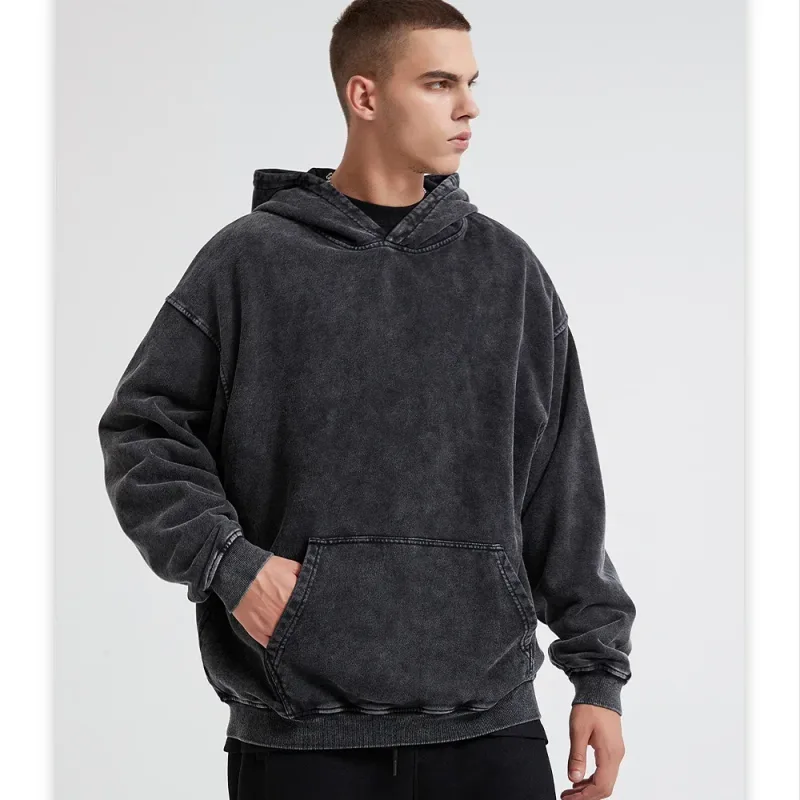 HAI Customizable Retro Washed Hoodies 100% Cotton Tops Black Acid Vintage Hooded Sweatshirts Oversize Hip Hop Male Pullover
