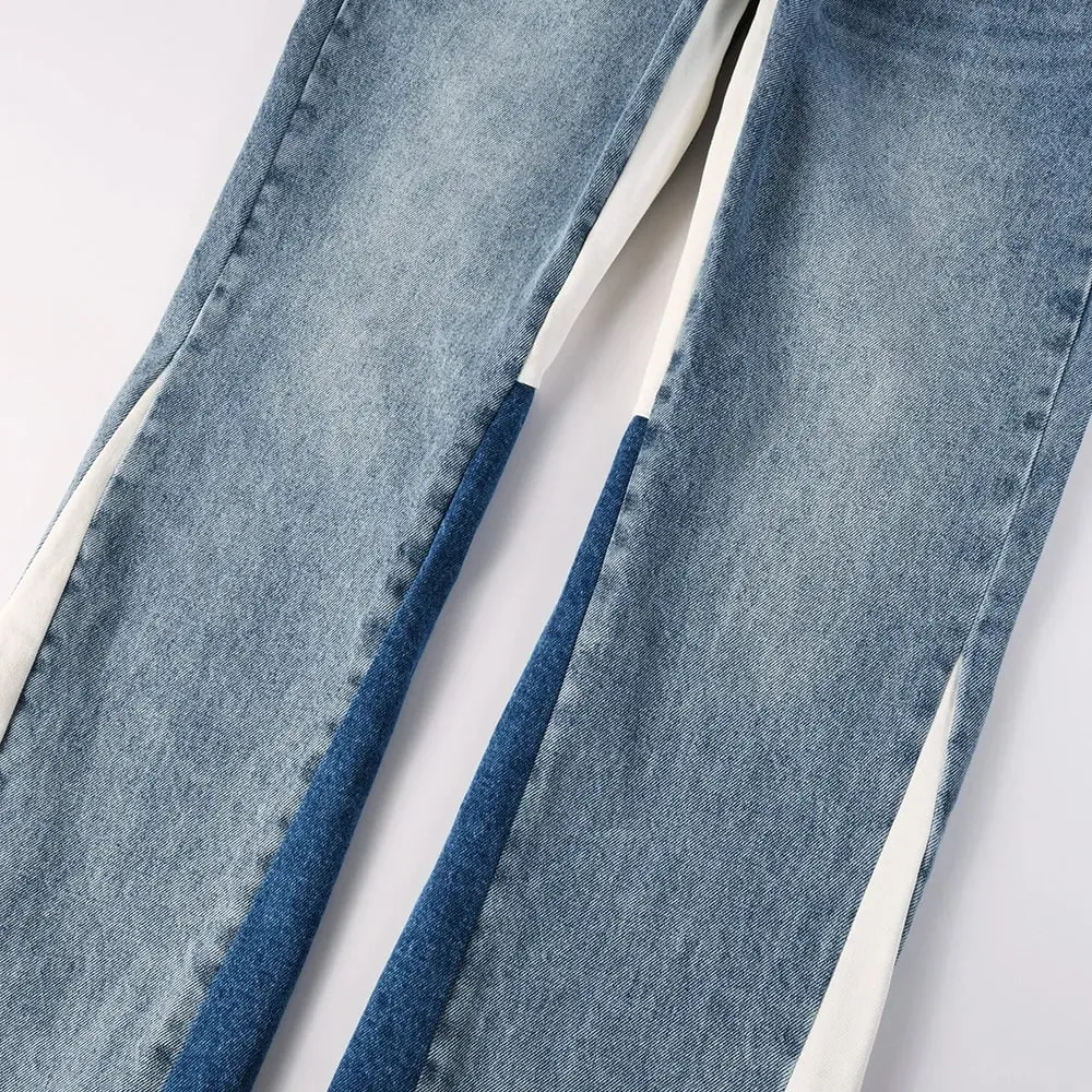 Men Spliced Flared Denim Jeans Patchwork Boot Cut Pants Streetwear Contrast Color Released Hem Blue Trousers