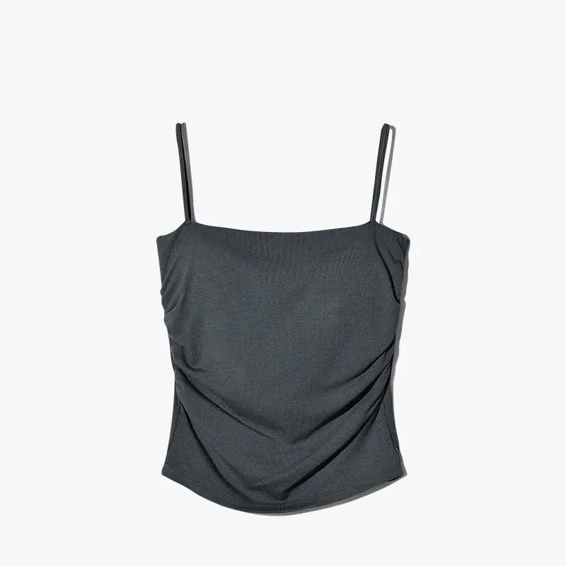Solid All-Match Pleat Sling Vest Strap Chest Pad Inner Wear Slim Fit Slimming Short Gyaru Outer Wear Top