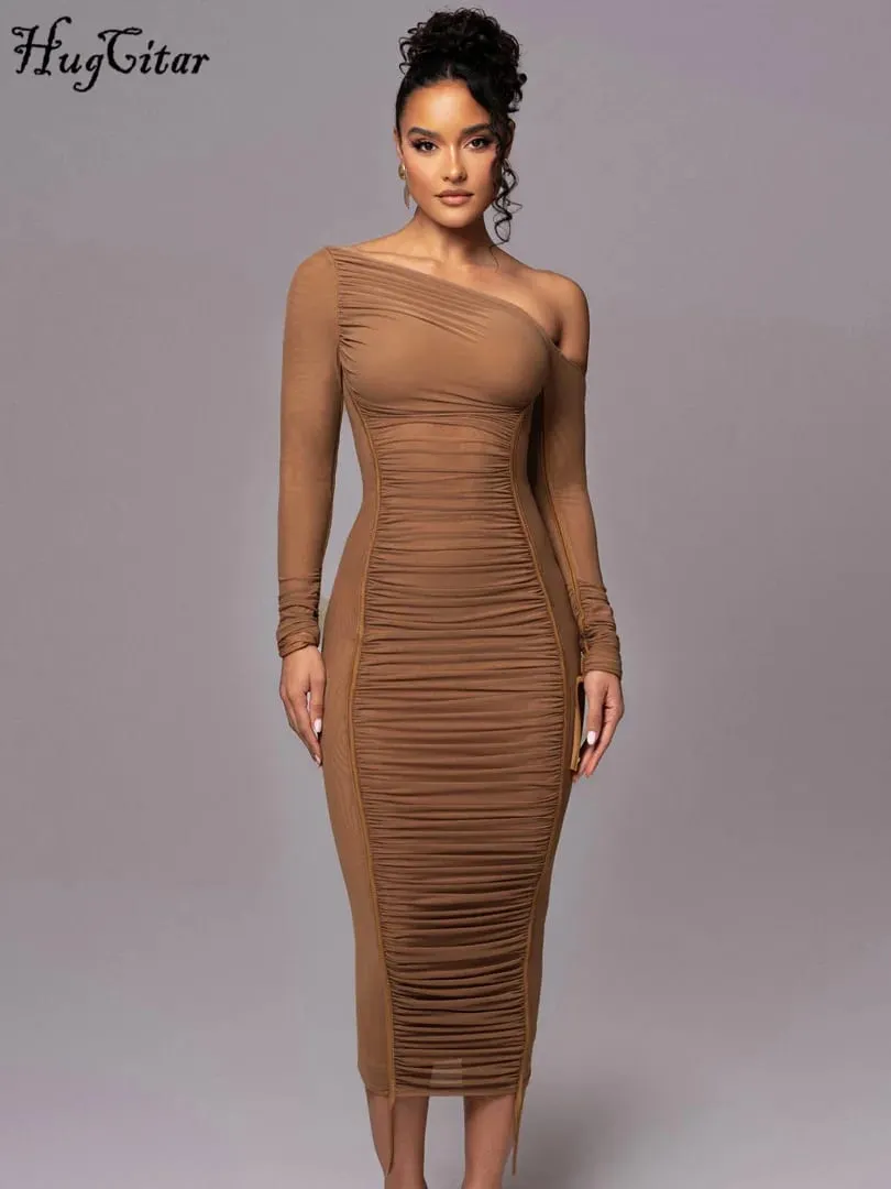 Hugcitar Mesh Pevný Diagonální límec Dlouhý rukáv Přehozený Sexy průsvitné bodycon Maxi šaty Letní móda Oblečení Festival Club