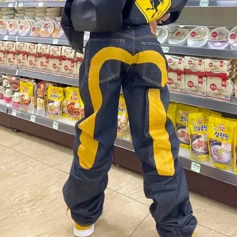 90s Retro Y2K New Hip Hop Straight Jeans Street Best Selling Personalized Printing High Street Men's Casual Loose Jeans Couple