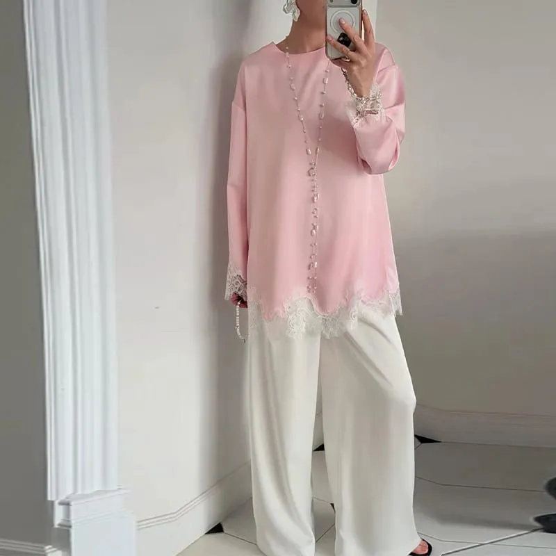 Satin Lace Patchwork Dress Women Long Sleeve O-neck Casual 2026 Spring Female Dresses Casual Solid Beach Robe Not Contain Pearls