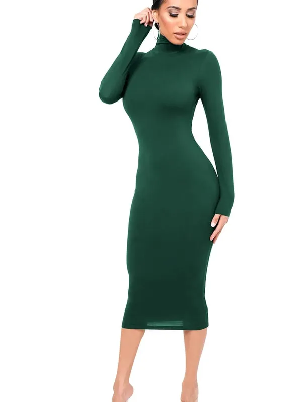Vinter Svart Turtleneck Sexig Damklänning Höst Långärmad Skinny Midi Boydcon Casual Blå Plysch Knälång Party Club