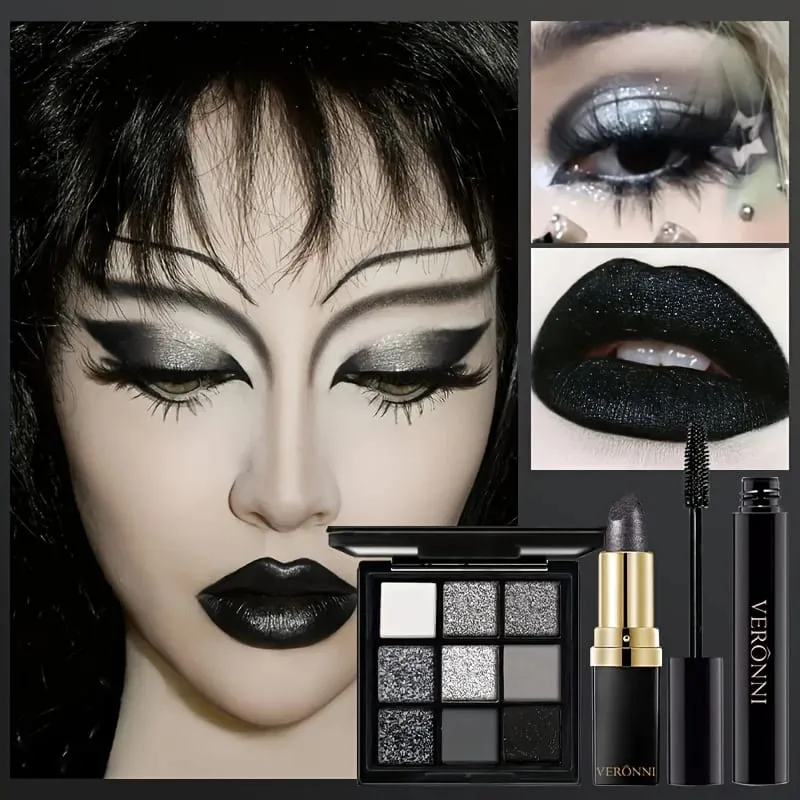 5pcs Halloween Dark Special Effects Makeup Set White Foundation Black Eyeshadow Black Lipstick Mascara & Makeup Brush for Party
