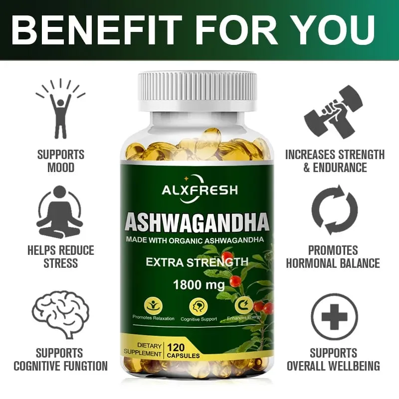 Alxfresh Pure Ashwagandha Root Extract Capsules 1800mg for Natural Mood Stress Focus Brain Energy Sleep Health Support