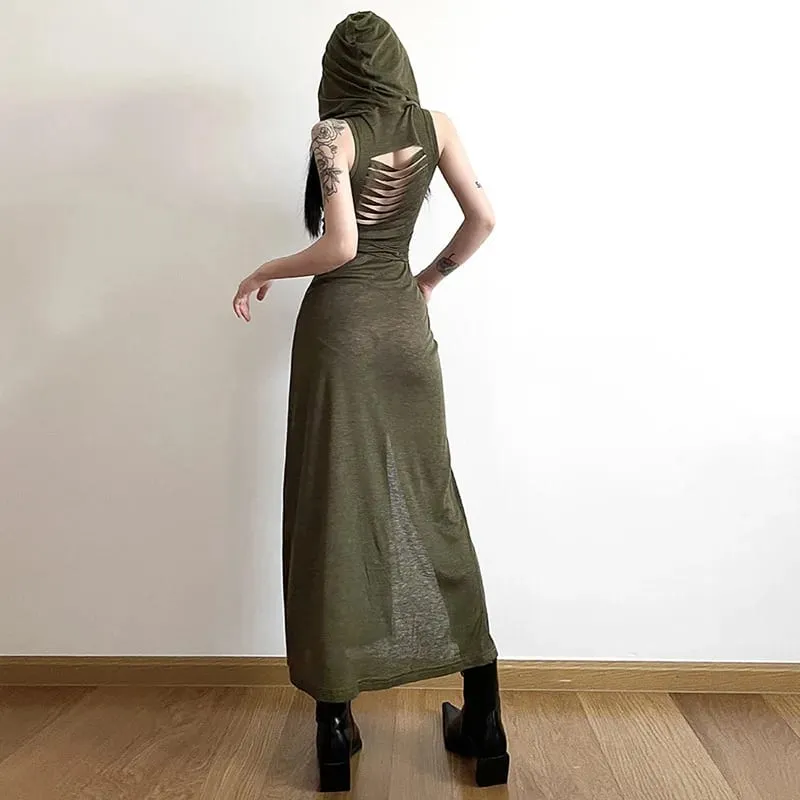 Goth Dark Cyber ​​Gothic Desert Walker Abiti con cappuccio Y2k Punk Grunge Abito longuette scolpito da donna Sexy streetwear solido con spacco laterale