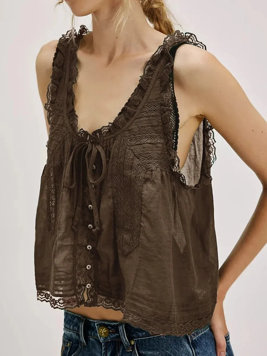 Y2K Button-up Lace Trim Patchwork Cami Tops Loose Fit Round Neck Vest Sleeveless Outwear Gilet Crop Tank Tops for Women
