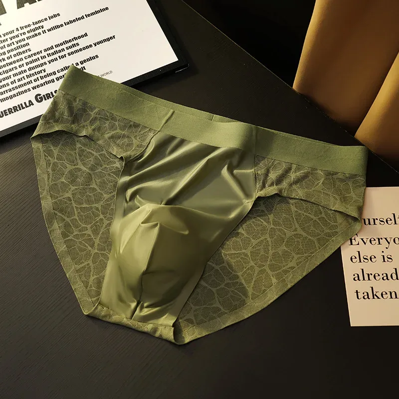 Бесшовные жаккардовые мужские треугольные нижнее белье, тонкие дышащие трусы из ледяного шелка, быстросохнущие трусы, мужские сексуальные трусы с выпуклым мешком U-образной формы