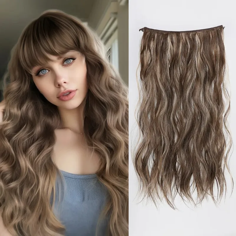 Invisible Wire Hair Extensions with Transparent Adjustable Size 2 Clips Long Wavy One Piece Hairpiece Golden Brown for Women