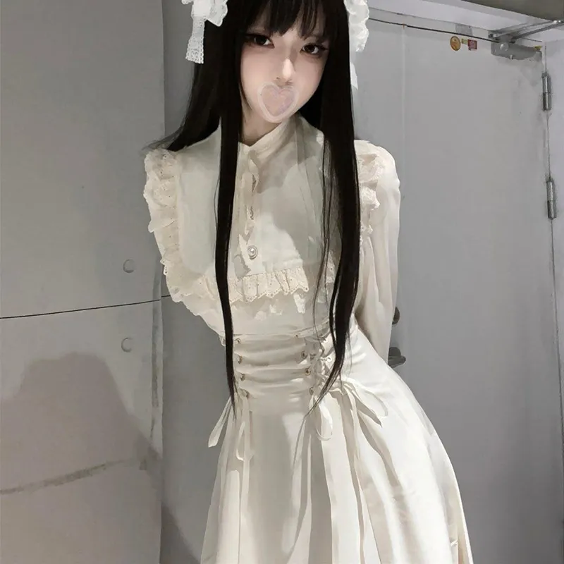French Elegant Lace Long Sleeve Dress Women Hight Waist Patchwork Dresses Lolita Fashion Kawaii New Lace Up Vestidos Female