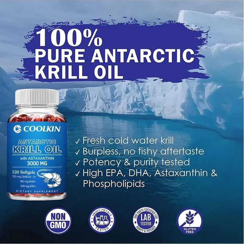 Minyak Krill Antartika 3000mg - Omega-3 EPA DHA Astaxanthin Alami Kekuatan Maksimum untuk Kesehatan Jantung & Sendi