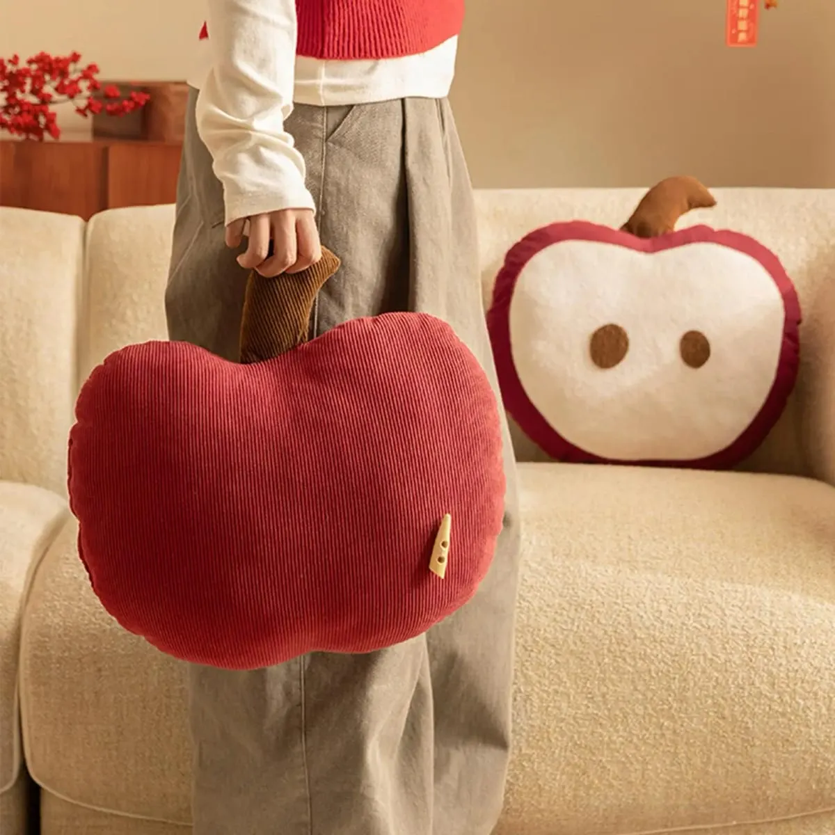 Red Apples Shaped Throw Pillow Soft Plush Cushion for Sofa Bedroom Novelty Decorative Sleeping Reading Rest Christmas Gifts