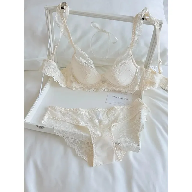 Conjunto de sutiã feminino de renda manga flutter francesa macio underwire fino respirável sexy minimizador beleza costas lingerie 32-38 ab