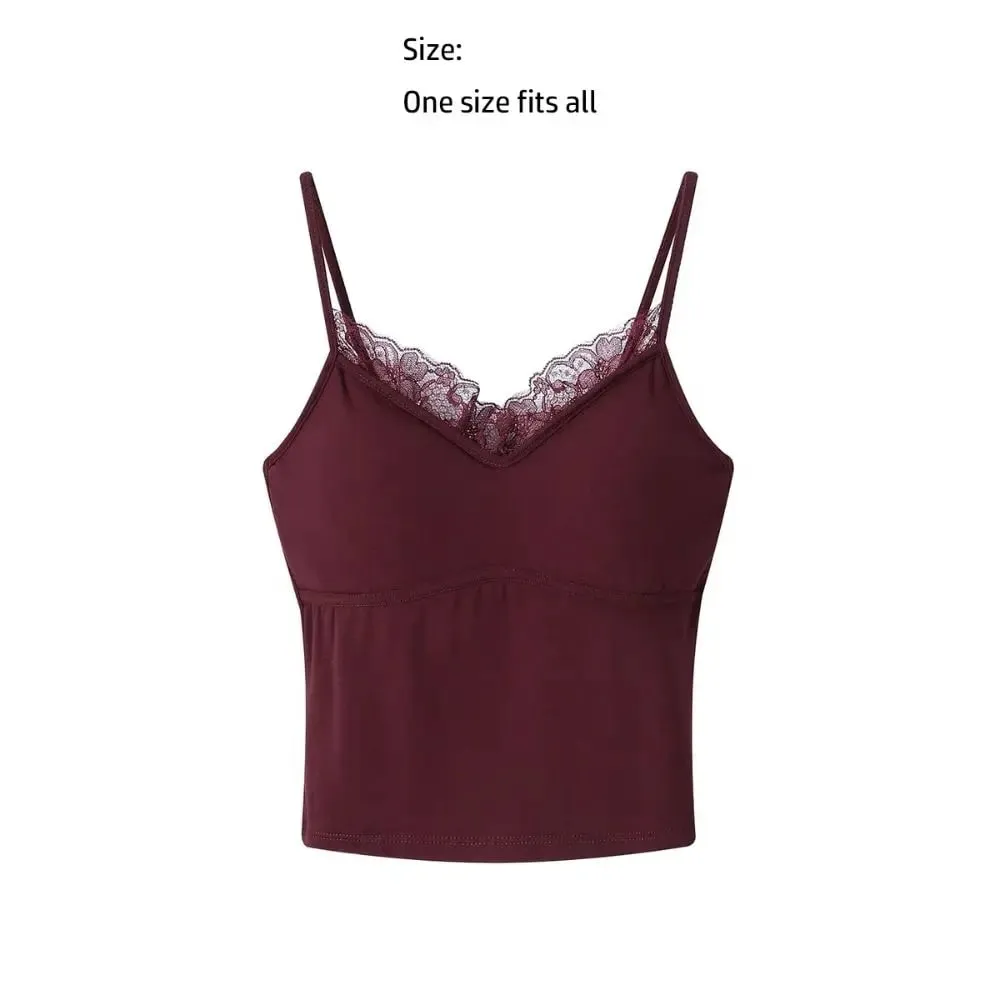 Autumn/Winter Fitted Lace-trimmed Camisole V-Neck Comfortable Slim Fit Camisole Top Soft with Padded Bra Women's Top