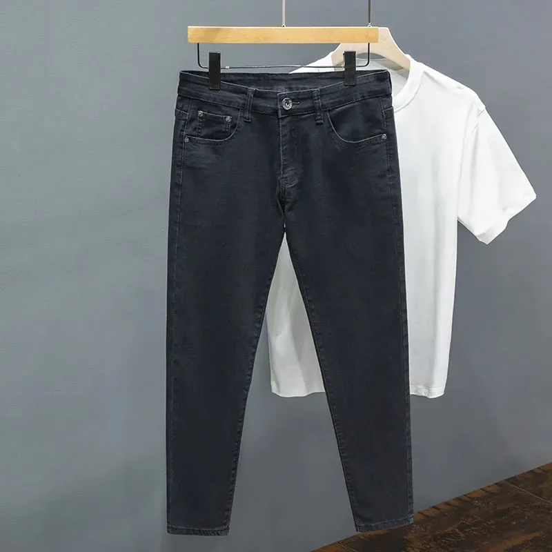 Men's Jeans Spring Summer Thin Slim Fit Elastic Cotton Soft Straight Denim Ankle Length Pants Korean Youth Fashion Trousers