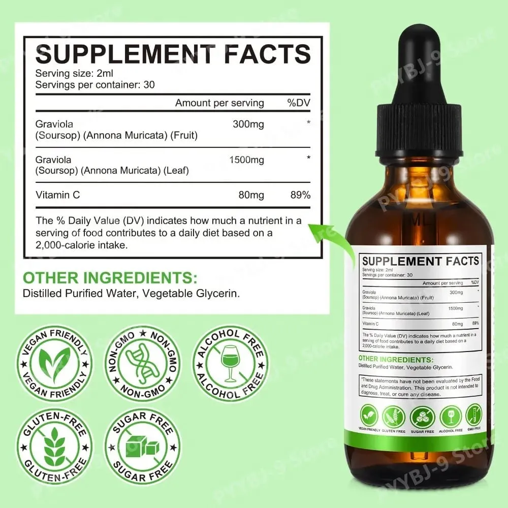 Acentiallabs ขายร้อน 60ml Soursop Bitter Liquid หยดผลิตภัณฑ์เสริมอาหาร 100% Pure Organic Soursop Graviola Extract สำหรับ Adlut
