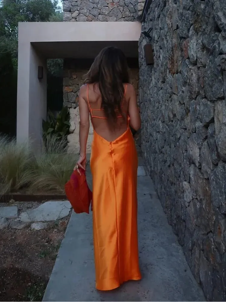 Frauen Orange Satin Sling Langes Kleid Fashion Solid Backless Ärmel V-ausschnitt Plissee Kleider 2026 Dame Abend Party Roben Sommer