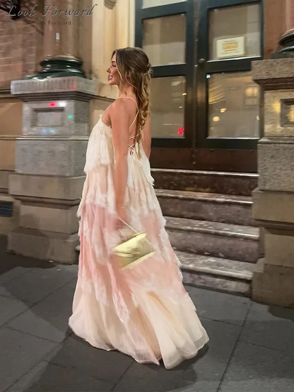 Lace Spaghetti Strap Puffy Dresses Women's Slim Sleeveless Backless Floor-length Dress 2026 New Ladies Summer Vacation Outfit